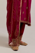 Ruby red Silk organza dupatta with delicate bead, sequins, zardozi and zari work.
