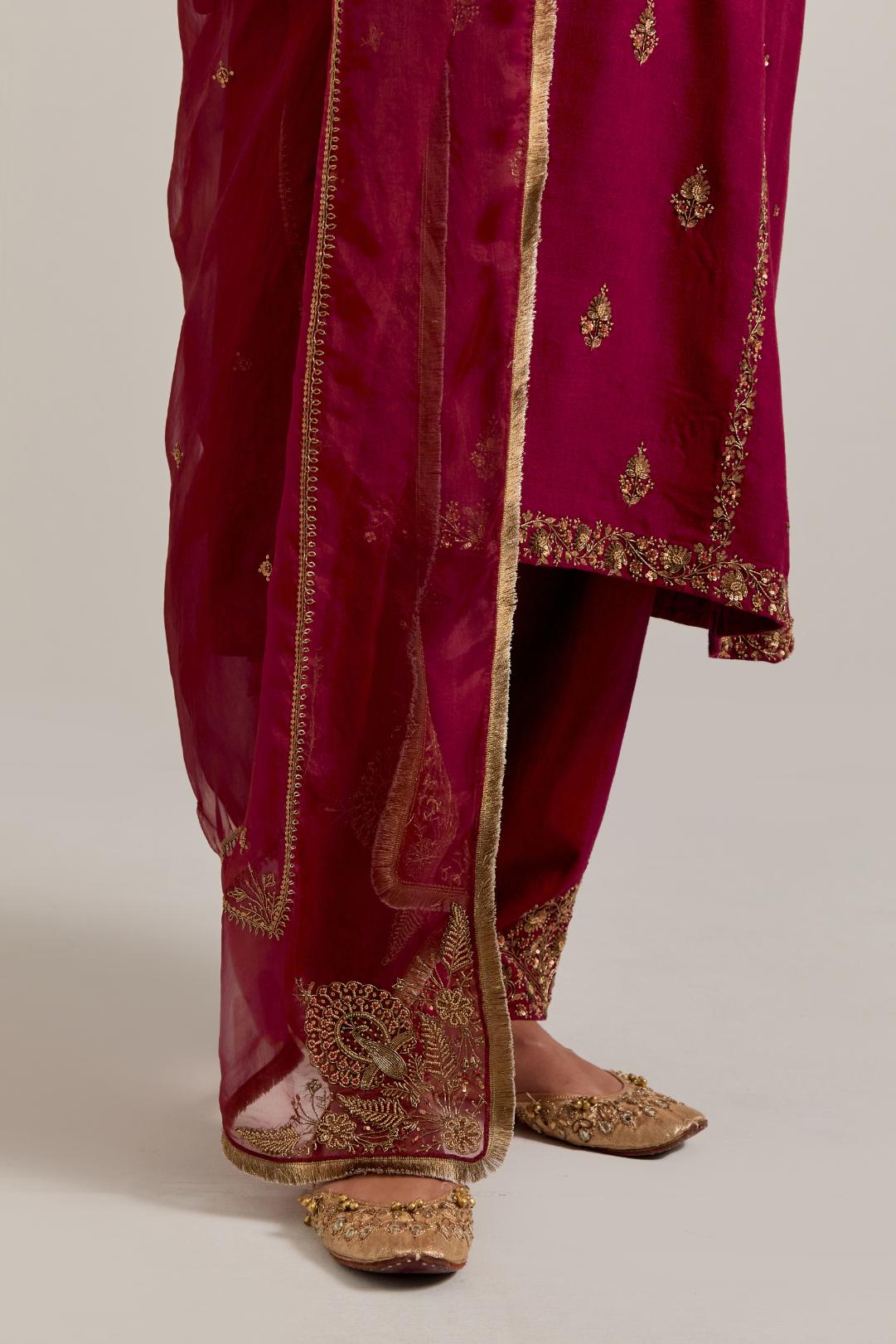 Ruby red Silk organza dupatta with delicate bead, sequins, zardozi and zari work.