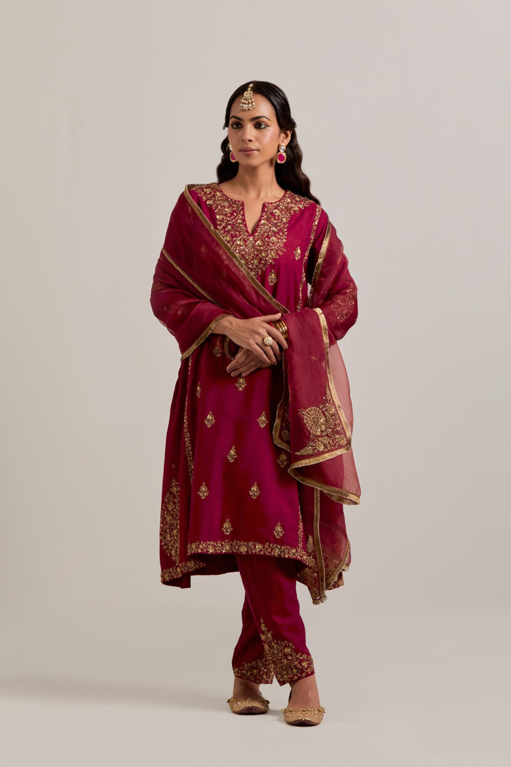 Ruby red Silk organza dupatta with delicate bead, sequins, zardozi and zari work.