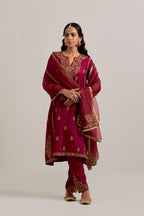 Ruby red Silk organza dupatta with delicate bead, sequins, zardozi and zari work.
