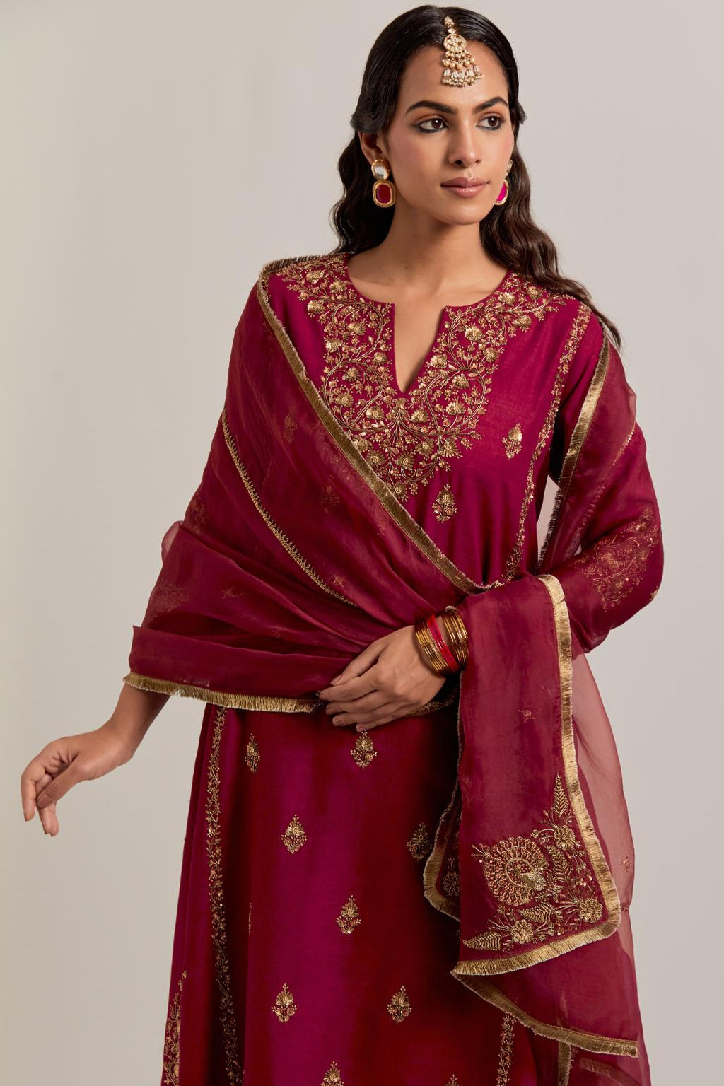 Ruby red Silk organza dupatta with delicate bead, sequins, zardozi and zari work.