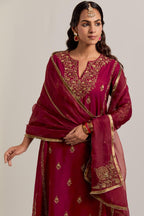 Ruby red Silk organza dupatta with delicate bead, sequins, zardozi and zari work.