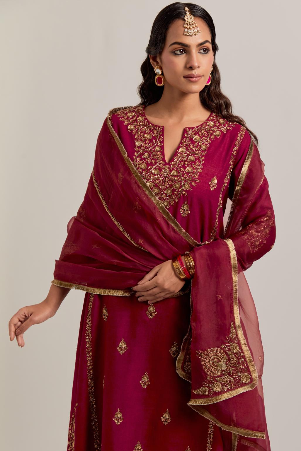 Ruby red Silk organza dupatta with delicate bead, sequins, zardozi and zari work.