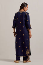 Navy blue straight Matka silk kurta set with all-over hand-embroidered small floral booti with sequins, zardozi, bead and zari work.