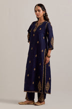 Navy blue straight Matka silk kurta set with all-over hand-embroidered small floral booti with sequins, zardozi, bead and zari work.