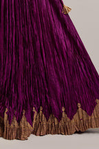 Wine Silk long choli set with all-over sequins, zardozi and zari handwork, highlighted with contrast-colored beads.