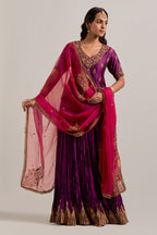 Wine Silk long choli set with all-over sequins, zardozi and zari handwork, highlighted with contrast-colored beads.
