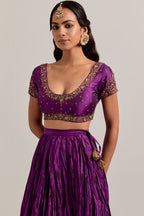 Purple Silk choli set with all-over sequins, zardozi and zari handwork, highlighted with contrast-colored beads.