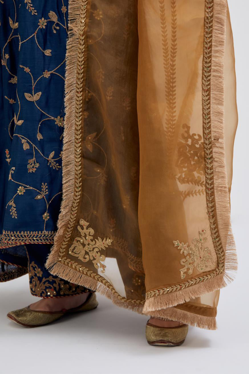 Olive Silk Organza dupatta detailed with all-over dull gold dori embroidery, highlighted with multi colored beads and gold sequins work.