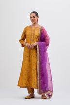 Deep Yellow Silk Chanderi kurta set with all-over dull gold dori jaal embroidery and small floral booti at side panels.