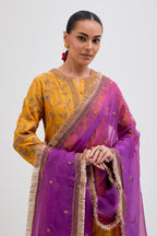 Deep Yellow Silk Chanderi kurta set with all-over dull gold dori jaal embroidery and small floral booti at side panels.