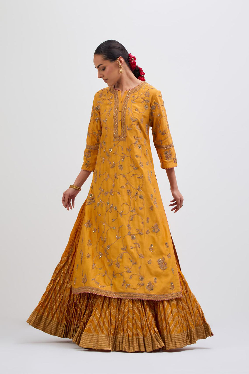 Deep Yellow Silk Chanderi kurta set  with all-over dull gold dori jaal embroidery and small floral booti at side panels.