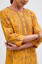 Deep Yellow Silk Chanderi kurta set  with all-over dull gold dori jaal embroidery and small floral booti at side panels.