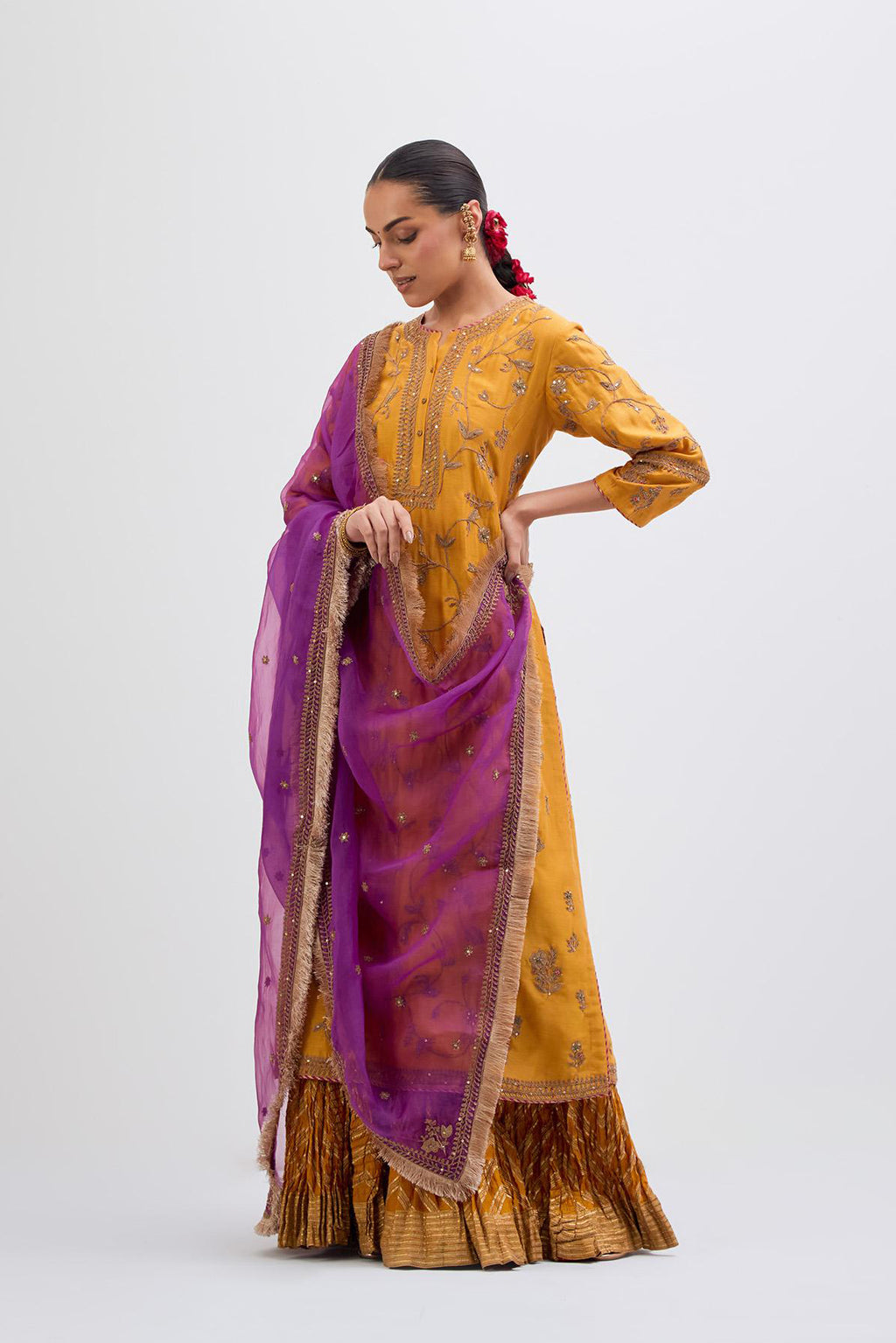 Deep Yellow Silk Chanderi kurta set  with all-over dull gold dori jaal embroidery and small floral booti at side panels.