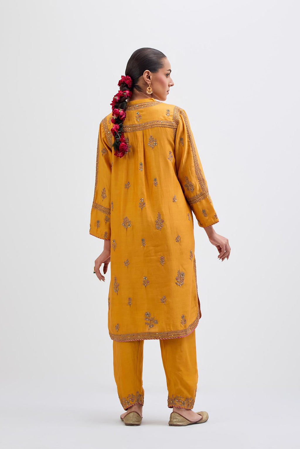 Deep Yellow Silk Chanderi short kurta set with dull gold dori embroidery, highlighted with gold sequins and bead work.