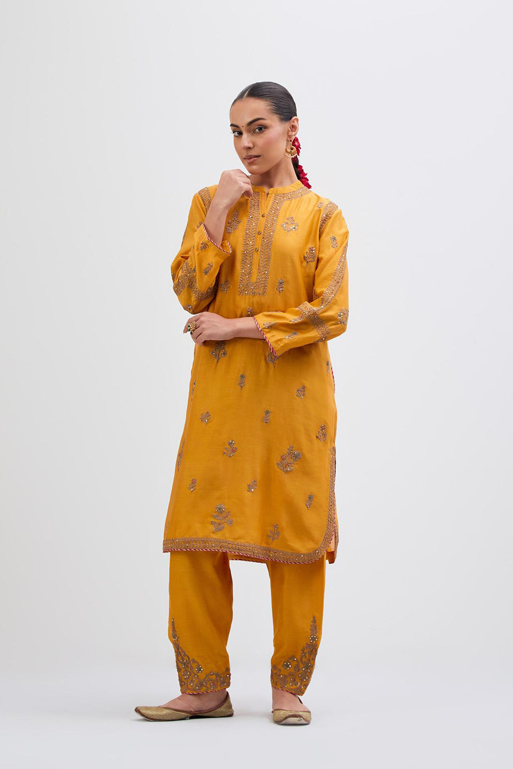 Deep Yellow Silk Chanderi short kurta set with dull gold dori embroidery, highlighted with gold sequins and bead work.