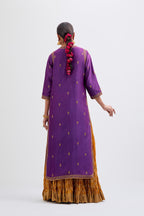 Purple Silk Chanderi straight kurta set with narrow border dull gold dori embroidery at front & back neck, sleeves, side slits and hem, highlighted with gold sequins and bead work.
