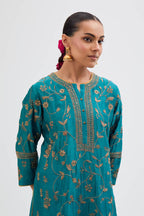 Teal Silk Chanderi kurta set with all-over dull gold dori jaal embroidery and small floral booti at side panels.
