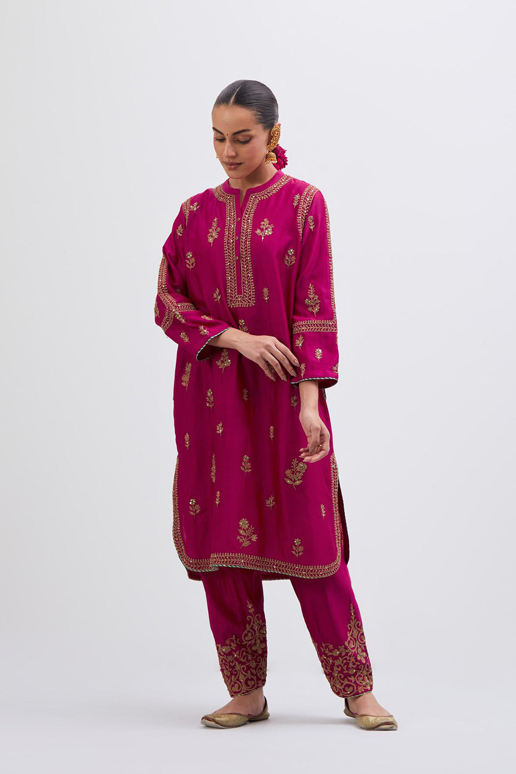 Fuchsia Silk Chanderi short kurta set with dull gold dori embroidery, highlighted with gold sequins and bead work.