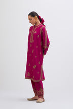 Fuchsia Silk Chanderi short kurta set with dull gold dori embroidery, highlighted with gold sequins and bead work.