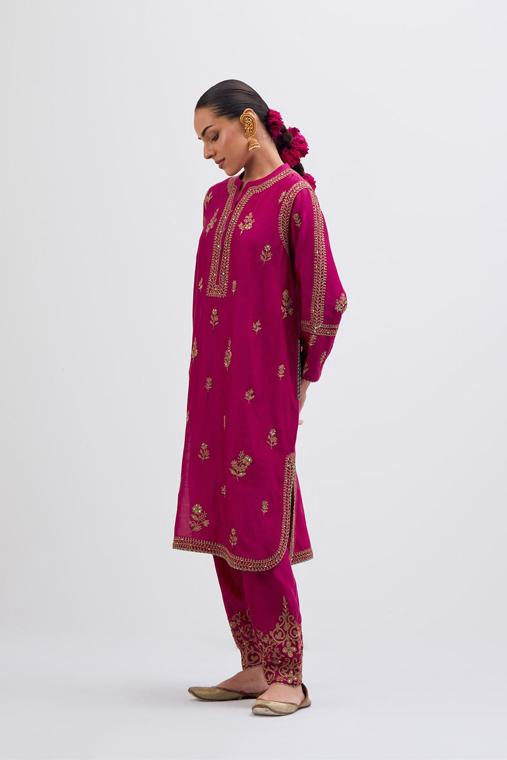 Fuchsia Silk Chanderi short kurta set with dull gold dori embroidery, highlighted with gold sequins and bead work.