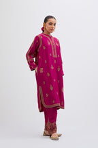 Fuchsia Silk Chanderi short kurta set with dull gold dori embroidery, highlighted with gold sequins and bead work.
