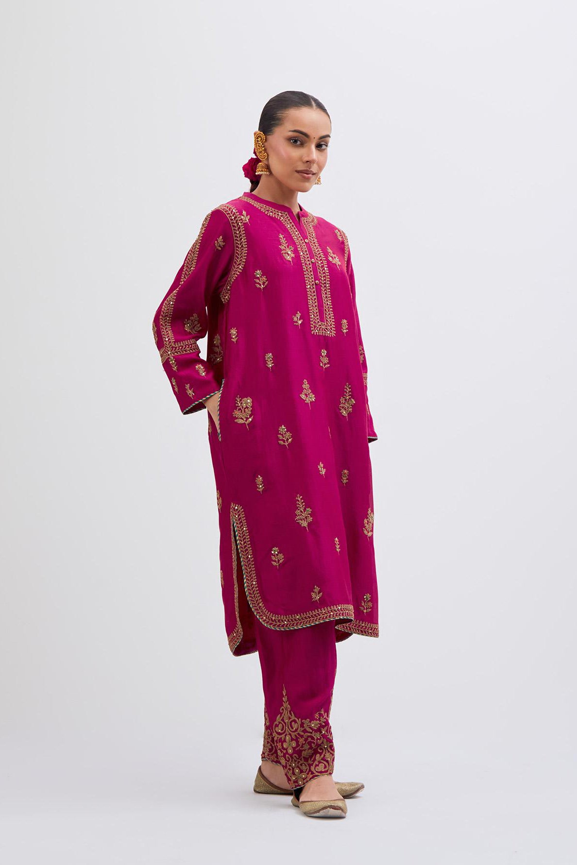 Fuchsia Silk Chanderi short kurta set with dull gold dori embroidery, highlighted with gold sequins and bead work.