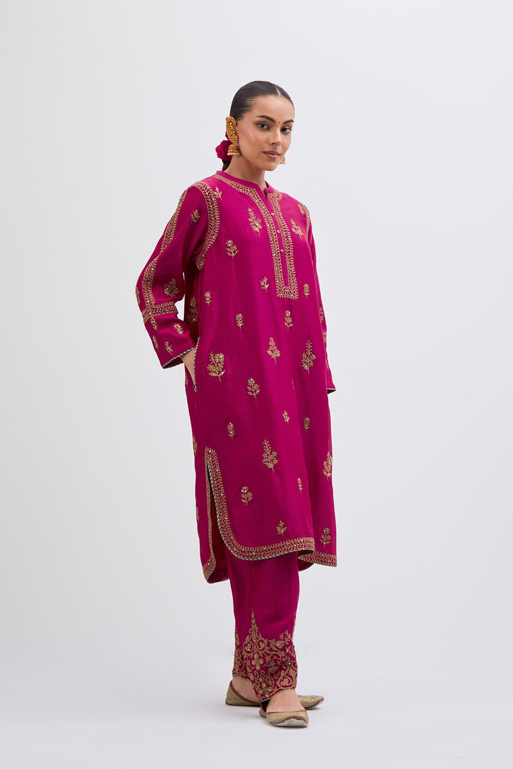Fuchsia Silk Chanderi short kurta set with dull gold dori embroidery, highlighted with gold sequins and bead work.