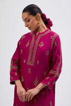 Fuchsia Silk Chanderi short kurta set with dull gold dori embroidery, highlighted with gold sequins and bead work.
