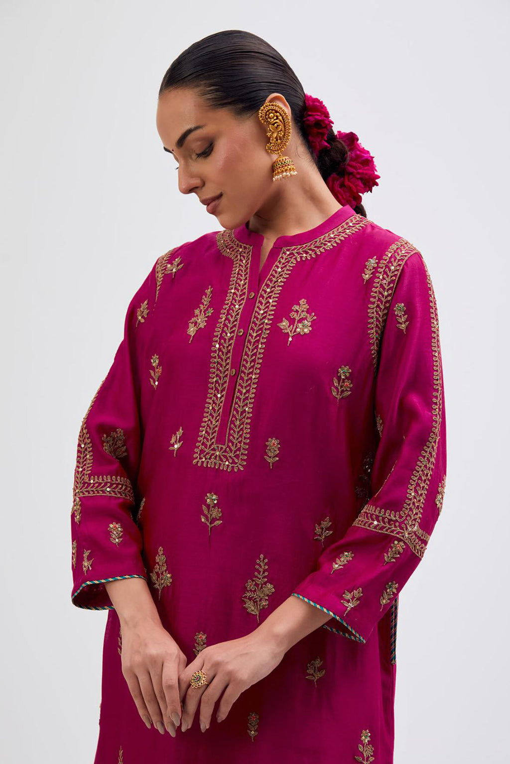 Fuchsia Silk Chanderi short kurta set with dull gold dori embroidery, highlighted with gold sequins and bead work.