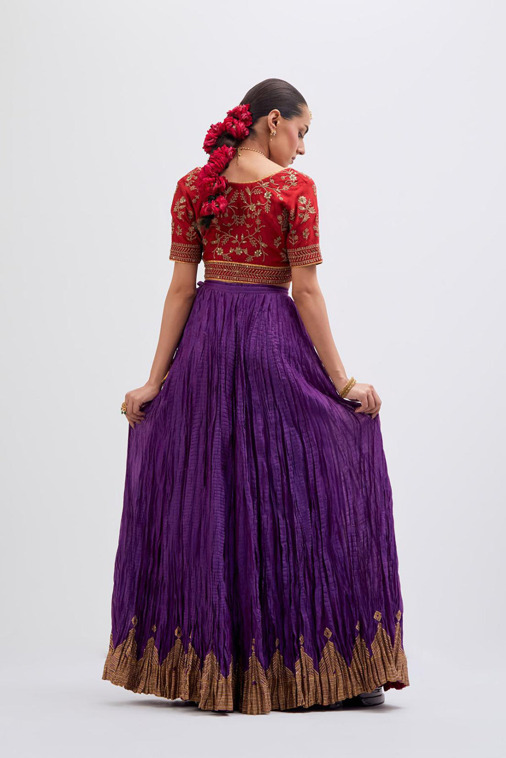 Bright Red Silk Chanderi choli set with all-over dull gold dori embroidery, highlighted with multi colored beads and gold sequins work.