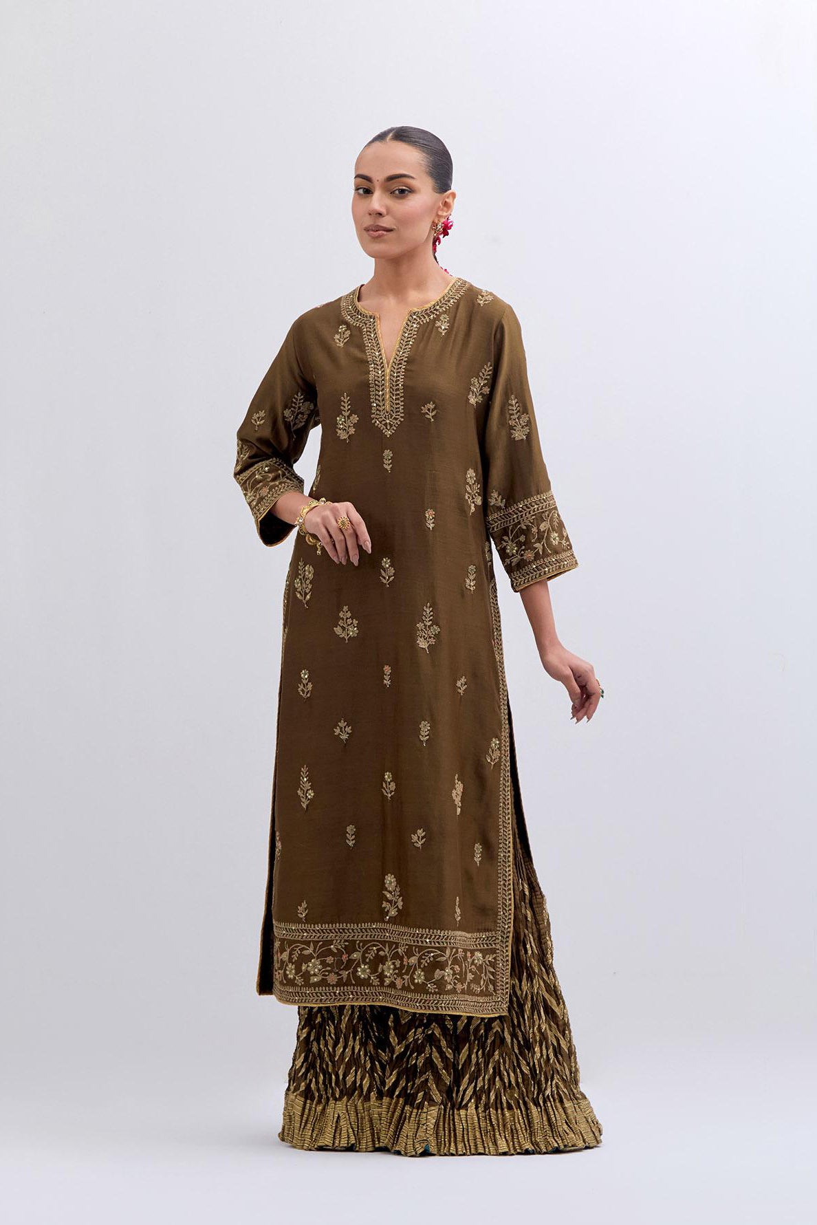 Olive Silk Chanderi straight kurta set with dull gold dori embroidery at front & back neck, sleeves, side slits and hem, highlighted with gold sequins and bead work.