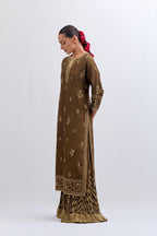Olive Silk Chanderi straight kurta set with dull gold dori embroidery at front & back neck, sleeves, side slits and hem, highlighted with gold sequins and bead work.