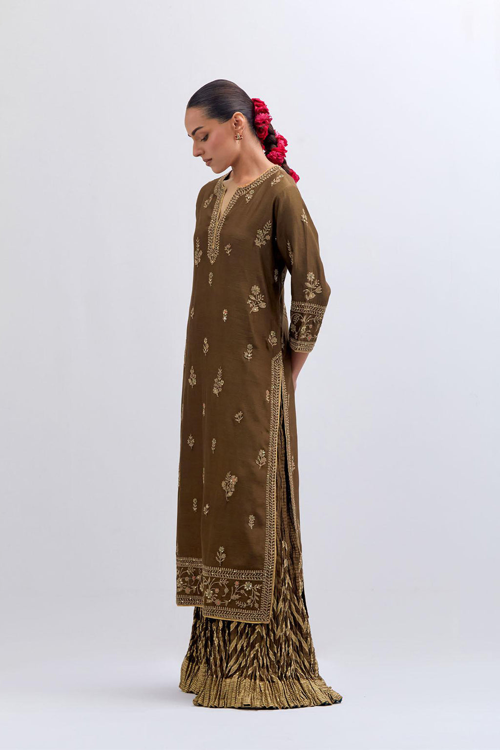 Olive Silk Chanderi straight kurta set with dull gold dori embroidery at front & back neck, sleeves, side slits and hem, highlighted with gold sequins and bead work.