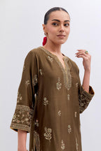 Olive Silk Chanderi straight kurta set with dull gold dori embroidery at front & back neck, sleeves, side slits and hem, highlighted with gold sequins and bead work.