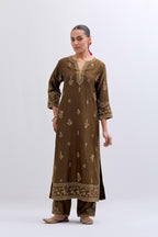 Olive Silk Chanderi straight kurta set with dull gold dori embroidery at front & back neck, sleeves, side slits and hem, highlighted with gold sequins and bead work.