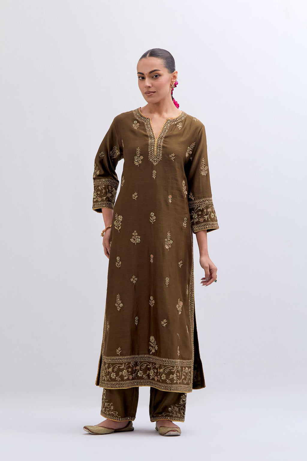 Olive Silk Chanderi straight kurta set with dull gold dori embroidery at front & back neck, sleeves, side slits and hem, highlighted with gold sequins and bead work.