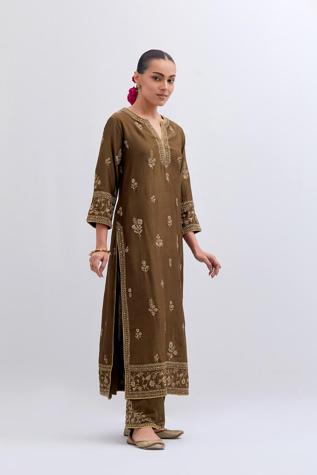 Olive Silk Chanderi straight kurta set with dull gold dori embroidery at front & back neck, sleeves, side slits and hem, highlighted with gold sequins and bead work.