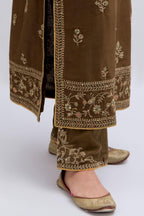 Olive Silk Chanderi straight kurta set with dull gold dori embroidery at front & back neck, sleeves, side slits and hem, highlighted with gold sequins and bead work.