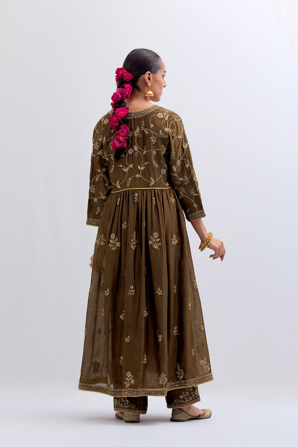 Olive Silk Chanderi long kurta dress set with all-over dull gold dori embroidery, highlighted with gold sequins and bead work.