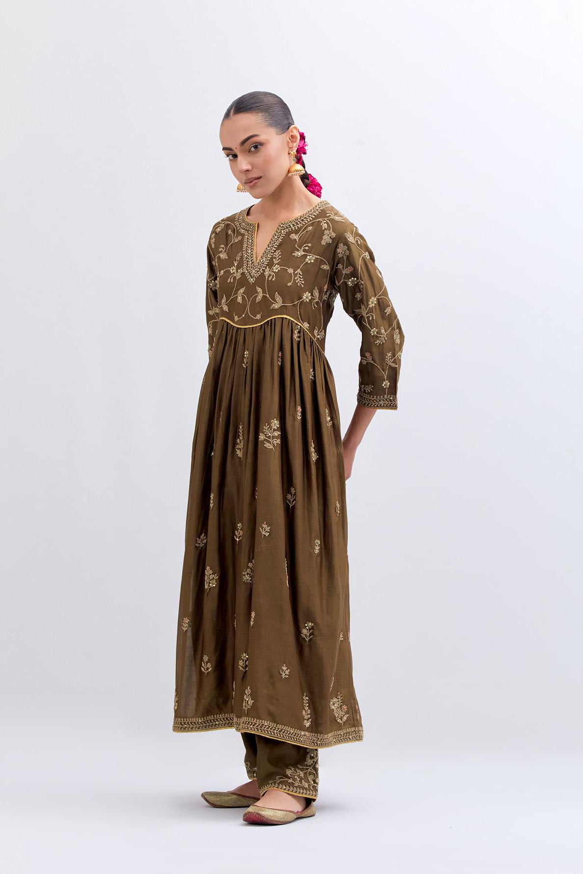 Olive Silk Chanderi long kurta dress set with all-over dull gold dori embroidery, highlighted with gold sequins and bead work.