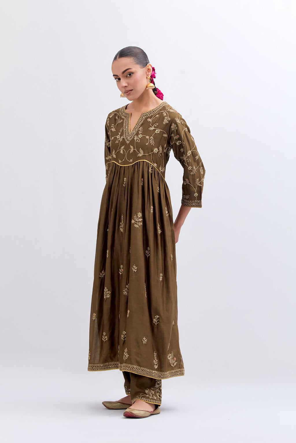 Olive Silk Chanderi long kurta dress set with all-over dull gold dori embroidery, highlighted with gold sequins and bead work.