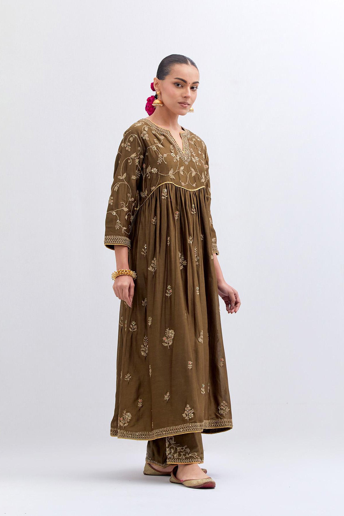 Olive Silk Chanderi long kurta dress set with all-over dull gold dori embroidery, highlighted with gold sequins and bead work.