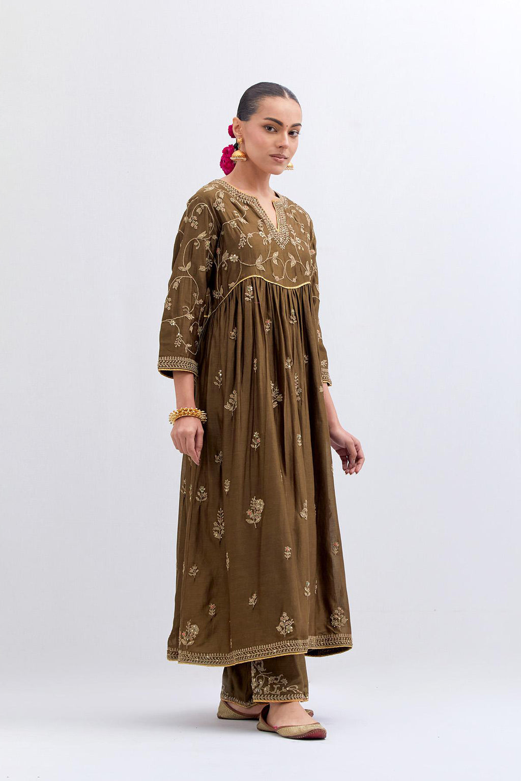 Olive Silk Chanderi long kurta dress set with all-over dull gold dori embroidery, highlighted with gold sequins and bead work.