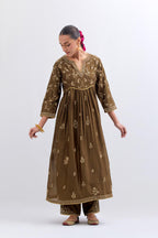 Olive Silk Chanderi long kurta dress set with all-over dull gold dori embroidery, highlighted with gold sequins and bead work.