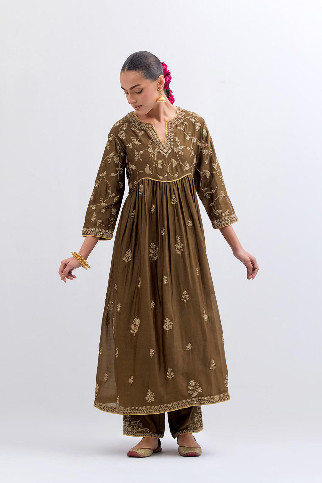 Olive Silk Chanderi long kurta dress set with all-over dull gold dori embroidery, highlighted with gold sequins and bead work.