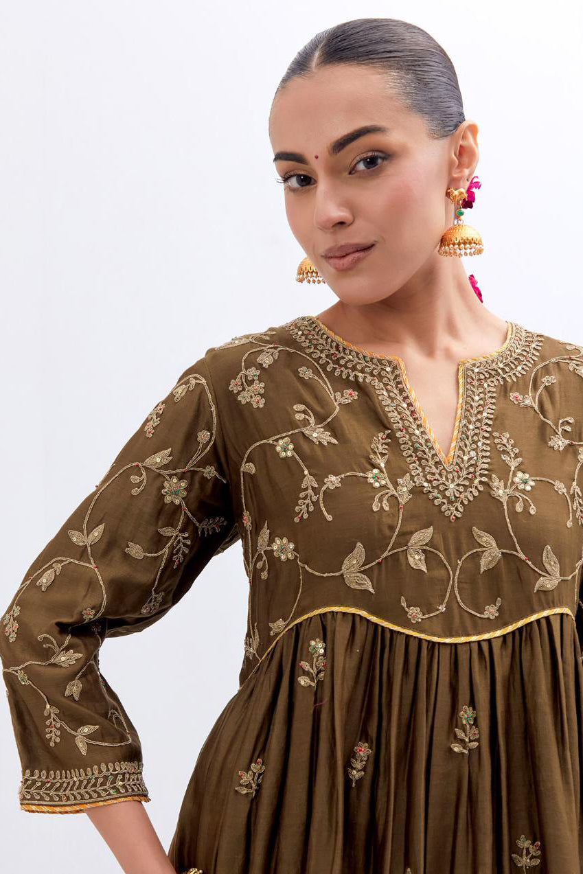 Olive Silk Chanderi long kurta dress set with all-over dull gold dori embroidery, highlighted with gold sequins and bead work.