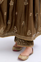 Olive Silk Chanderi long kurta dress set with all-over dull gold dori embroidery, highlighted with gold sequins and bead work.