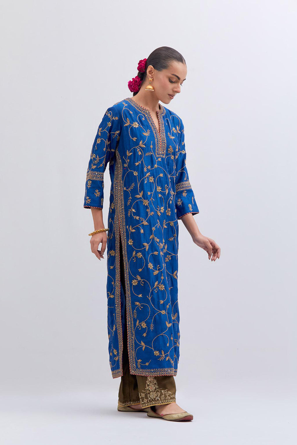 Chelsea Blue Silk chanderi straight kurta set with all-over dull gold dori jaal embroidery, highlighted with gold sequins and bead work.
