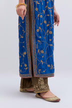 Chelsea Blue Silk chanderi straight kurta set with all-over dull gold dori jaal embroidery, highlighted with gold sequins and bead work.